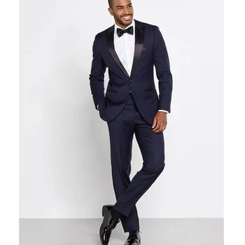 

Navy Wedding Groom Tuxedos for Men Peaked Lapel Skinny Style Men Suits Two Piece Groomsmen Suit Set Jacket with Pants