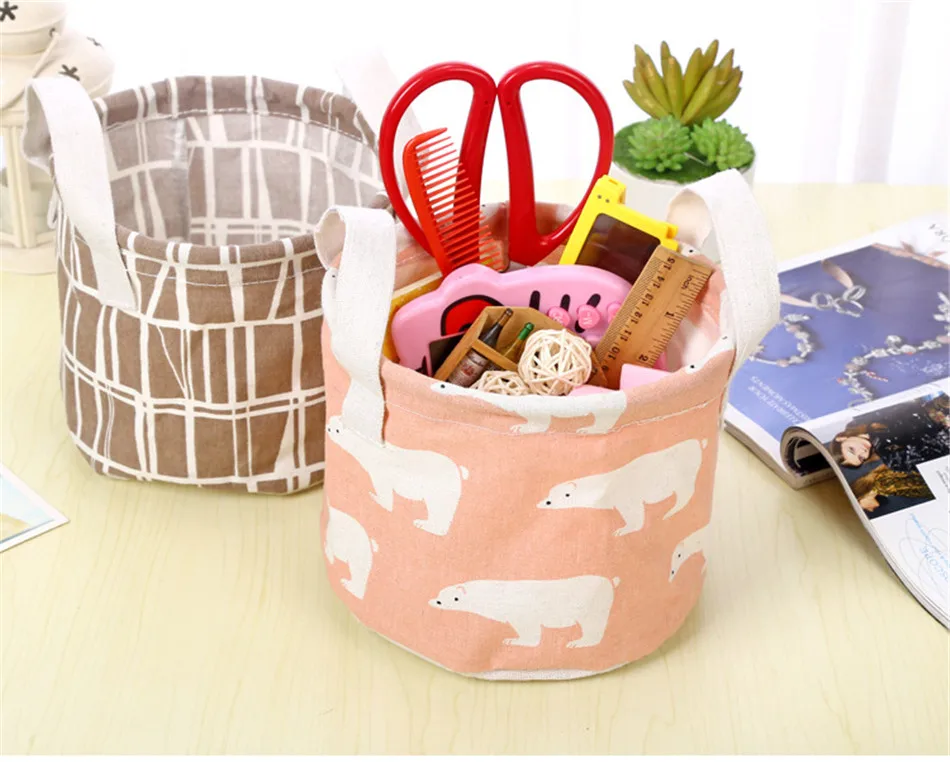 Cute Printing Cotton Linen Desktop Round Storage Organizer Sundries Box Cabinet Underwear Jewelry Cosmetic Stationery Basket (5)