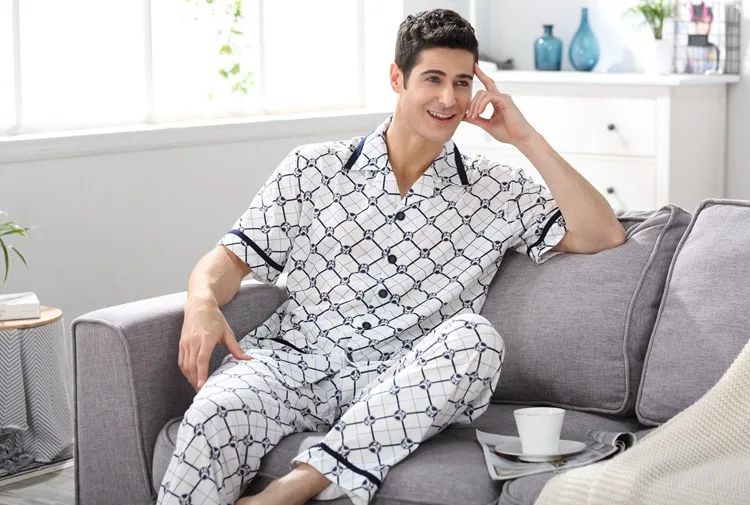 CherLemon мужские летние Lounge пижамные комплекты повседневное мужской бамбуковое волокно ночное белье 2 шт. белый ромб квадраты пижамы