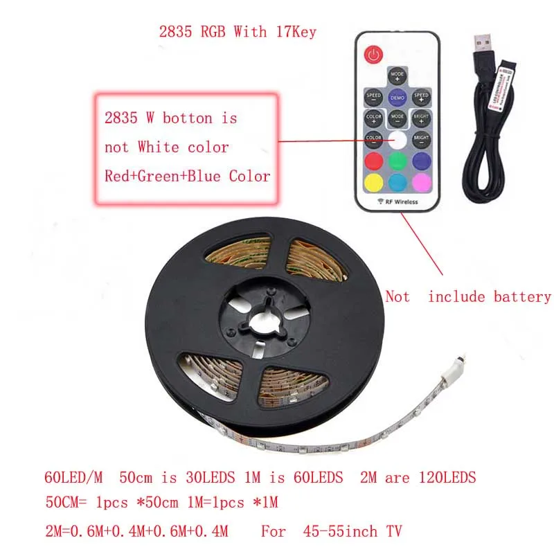 2835 5050 SMD RGB USB зарядное устройство Светодиодная лента DC 5 V usb-кабель светодиодный светильник гибкая лента 1 м 2 м RF ИК RGB пульт дистанционного управления - Испускаемый цвет: 2835RGB With 17KEY