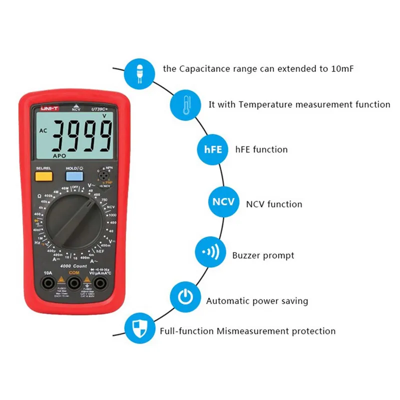 

UNI-T UT39A+/UT39C+ Digital Multimeter Auto Range Tester Update from UT39A/UT39C AC DC V/A Ohm Temp Hz Tester multimetro uni-t
