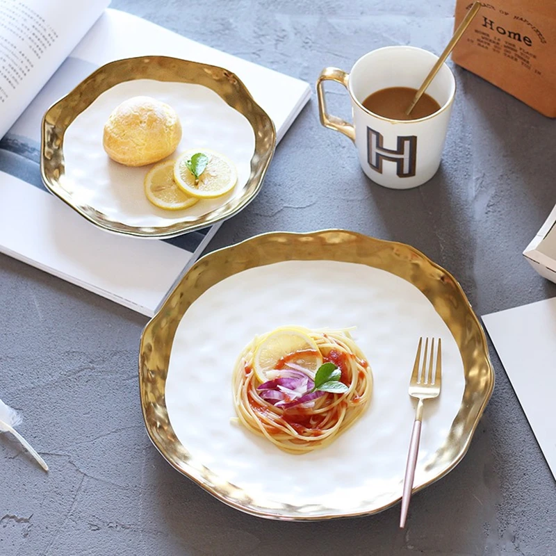 Керамическая тарелка, столовый поднос, белая тарелка с золотым краем, миска для десерта, ваджилла, паста, посуда, поднос для еды, контейнер, тарелка, 1 шт