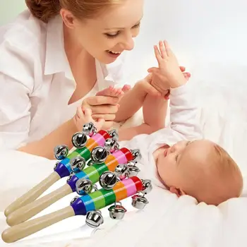 

0-2T Baby Cute Jingle Rattles Toys Rainbow Pram Crib Handle Wooden Bell Stick Shake Toys Newborn Baby Rattle Sound Toys