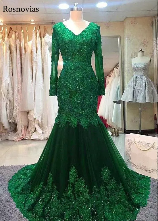 

Long Sleeves Mermaid Evening Dresses 2019 V Neck Lace-up Back Appliques Beaded Formal Party Prom Dresses Robe De Soirйe Custom