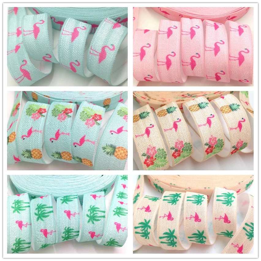 

14 Colors Flamingo Pineapple Hibiscus Printed Fold Over Elastic 5/8" FOE Ribbon for DIY Head wear Hair Accessories 10 yards