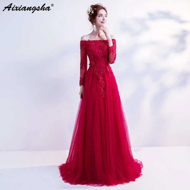 Buy Cheap Long Red Prom Dresses 2018 Lace Boat Neck 3/