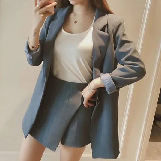 

Spring New Fashion Women Skirt Suits Striped Long Blazer 2 Pieces Women's Blazer Office Lady Plus Size Autumn Coat Outwear 2019