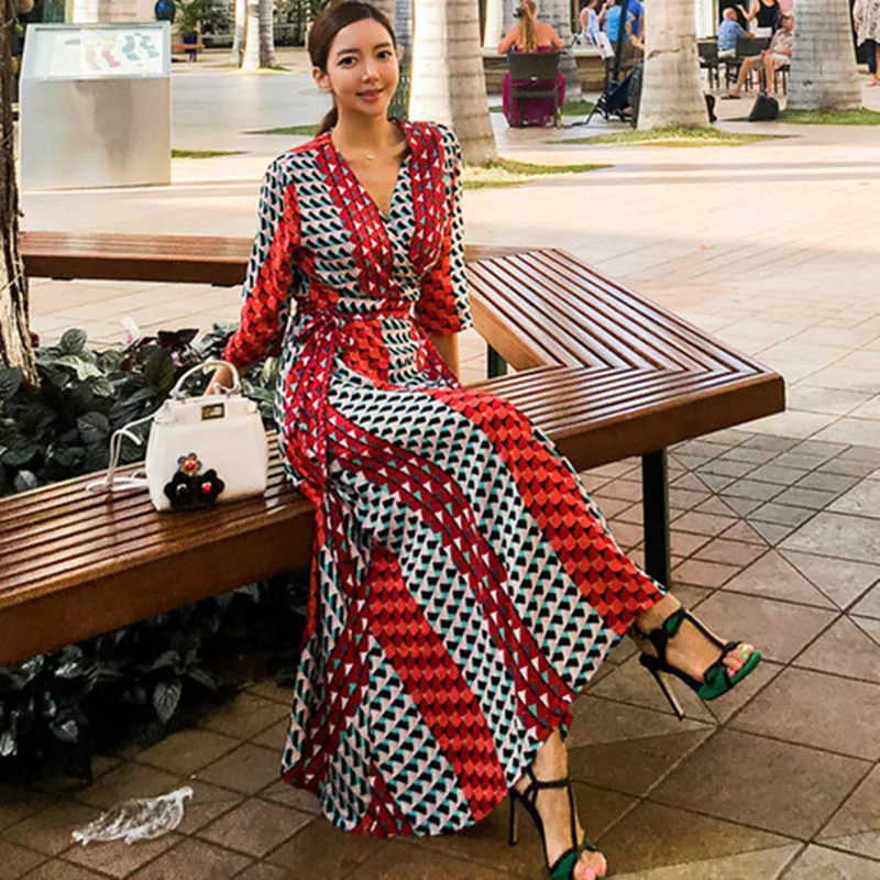 

2019 Summer Elegant Print Long Dress Women V-neck Bow Bandage A-line Dresses Holiday Weekend Casual Bohemian Vestido