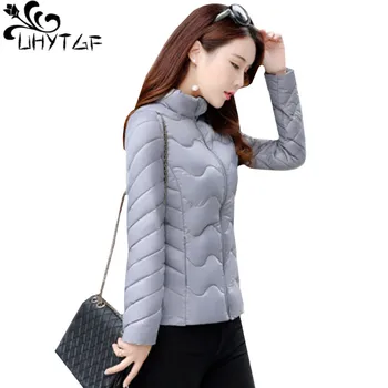 

UHYTGF Winter Women Ultra Light Down Jacket Top Fashion Wave Short Down Cotton Plus size Jackets Standing collar Parka Woman 637