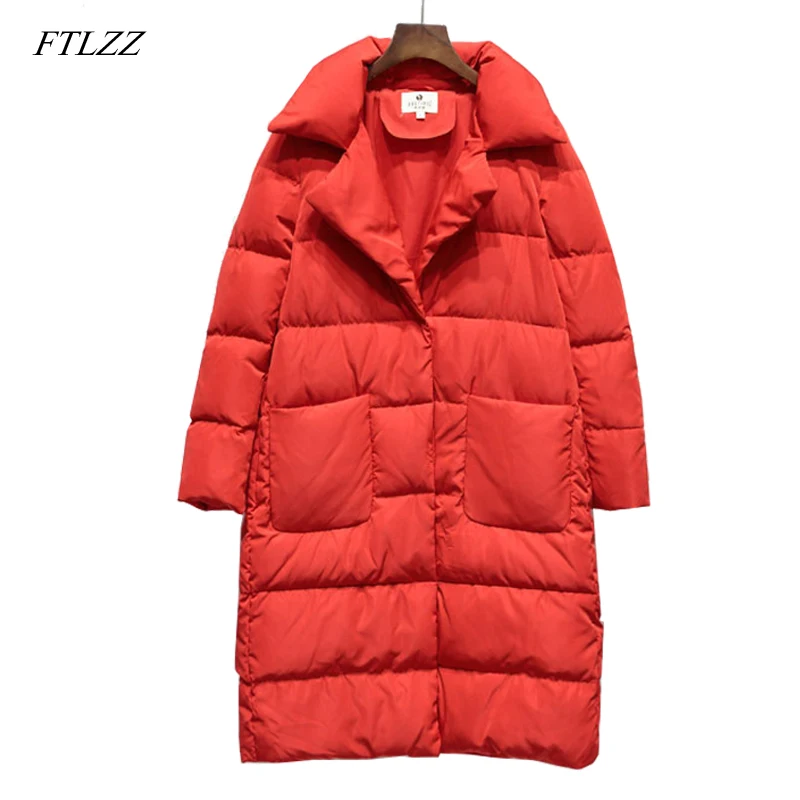 Koop FTLZZ 2018 Winter Nieuwe Ultra Light Duck Down Vrouwen Office Lady Stand Kraag Overknee Losse Warme Parka Jas Vrouwen