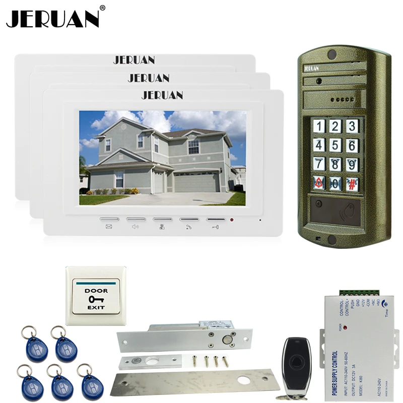 

JERUAN NEW 7 inch TFT Color Video Door Phone Doorbell Intercom System kit 3 White Monitor + Waterproof Access HD Mini Camera 1V3