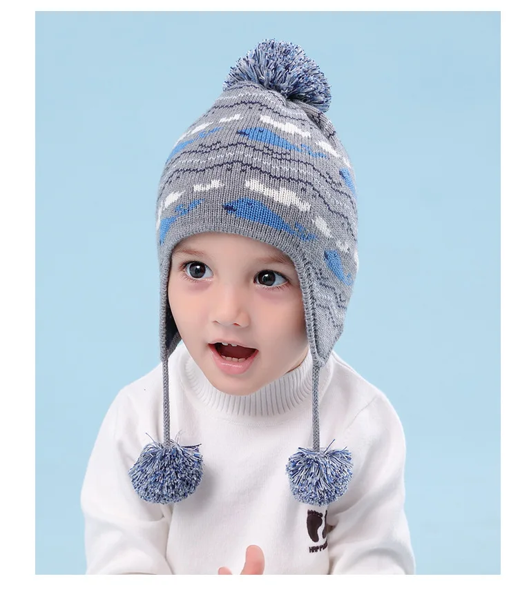 Детская вязаная шапка с помпоном, детская шапка с ушками, детская шапка с защитой от ушей, детская осенне-зимняя шапка с наушниками, шапка с Китом, B-9493