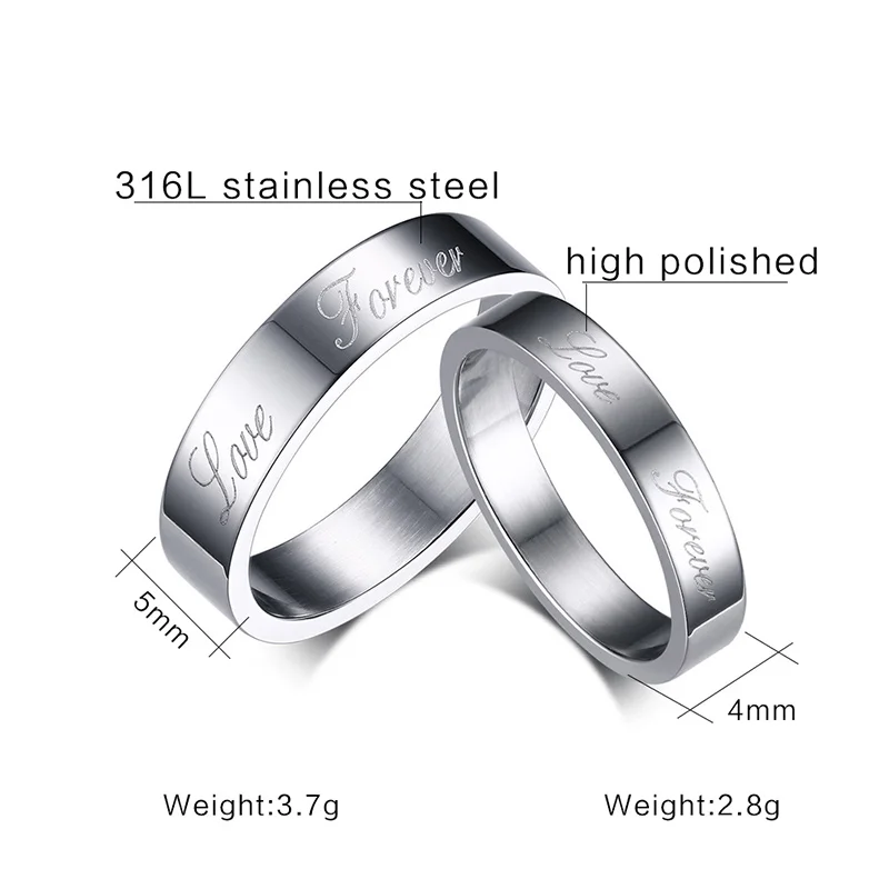 Vnox Forever Love Wedding Ring Silver color 316l Stainless Steel Promise Jewelry