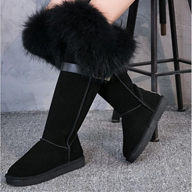 G&Zaco Winter Warm Knee High Snow Boots Cow Suede Natural Black Fox Fur