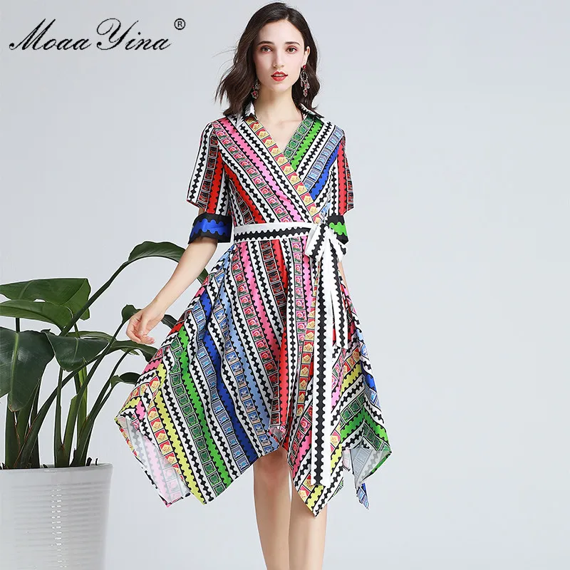 

MoaaYina Fashion Designer Runway dress Spring Summer Women Dress V-neck Short sleeve Stripe Plaid Lace-Up Asymmetrical Dresses
