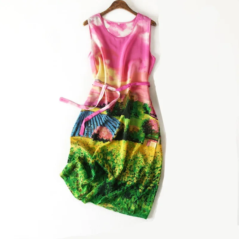 

Pure Silk Dress Women Summer Natural Silk Floral Print Dresses Sleeveless Vintage Elegant KneeLength Real Silk Dress RE2309