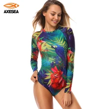 Axesea novo maiô feminino rashguard manga longa uma peça de banho upf50 + impressão floral flamingo volta zíper surf rash guard(China)