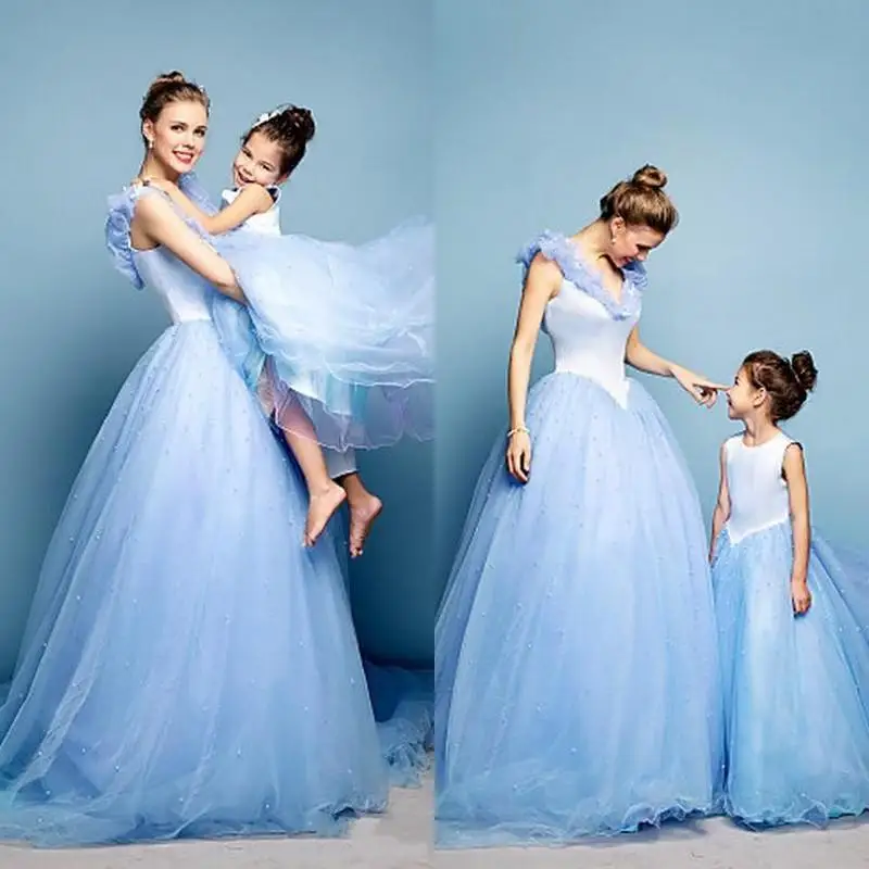 Blue Ball Gown Pearls Mother And Daughter Dresses 2017 Cinderella Prom ...