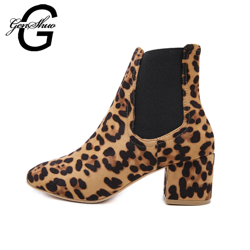 

GENSHUO Autumn Sexy Women Ankle Boots Leopard Print High Heels Shoes Square Heel Women Boots Women Pumps Ankle Boots For Women