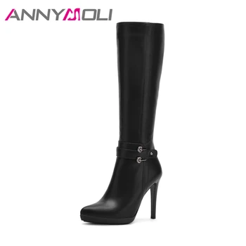 

ANNYMOLI Women Boots Winter Knee High Boots Buckle Platform High Heels Boots Sexy Autumn Shoes Size 34-40 2018 Chaussure Femme