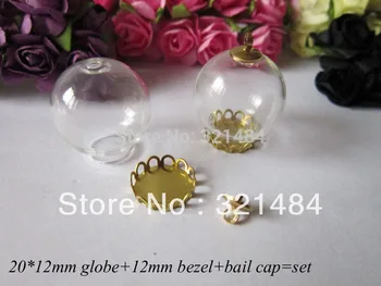 

50set glass bottle vials pendants jewelry making 20*12mm globe&12mm raw brass lace bezel blank setting base&caps finding
