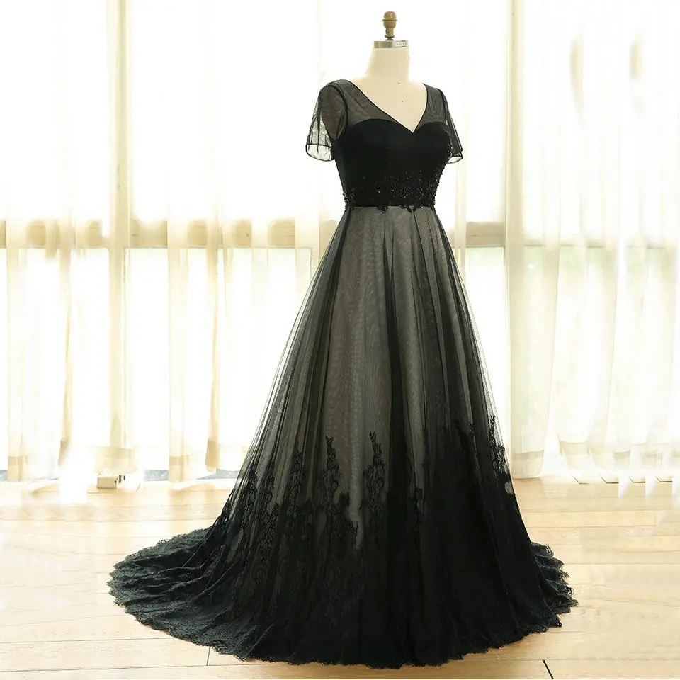 Fashion Black Plus Size Evening Dresses Long 2019 Formal Evening Gowns V Neck Tulle Appliques Women Party Dress Prom Custom Made