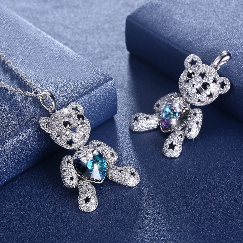 

Cute Bear Animal Necklace Crystals from Swarovski 2 Color Romantic Pendant Trendy Rainbow Necklaces For Women Wedding Jewelry