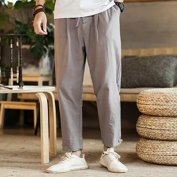 

FFXZSJ brand Man Cotton Linen Harem Pants Mens Ankle-Length Frog Solid Pants Male Summer Casual Drawstring Pants Trousers