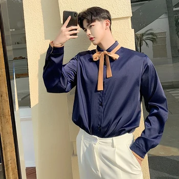 

2019 Spring Autumn Korean Style Loose Shirts Green Yellow Blue Bow Tie Long Sleeve Thin Shirt Male Casual Shirt Tops Streetwear