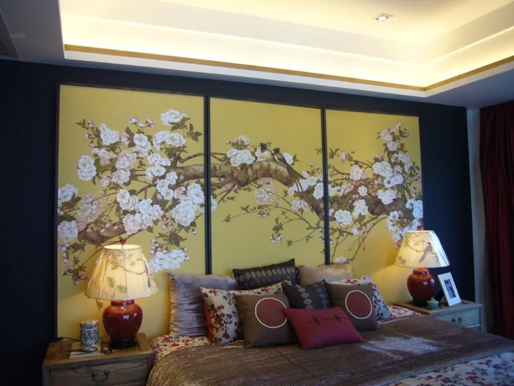 

Chinese classic Hand-painted silk wallpaper customized painting flower with birds wallcovering many patterns/background optional