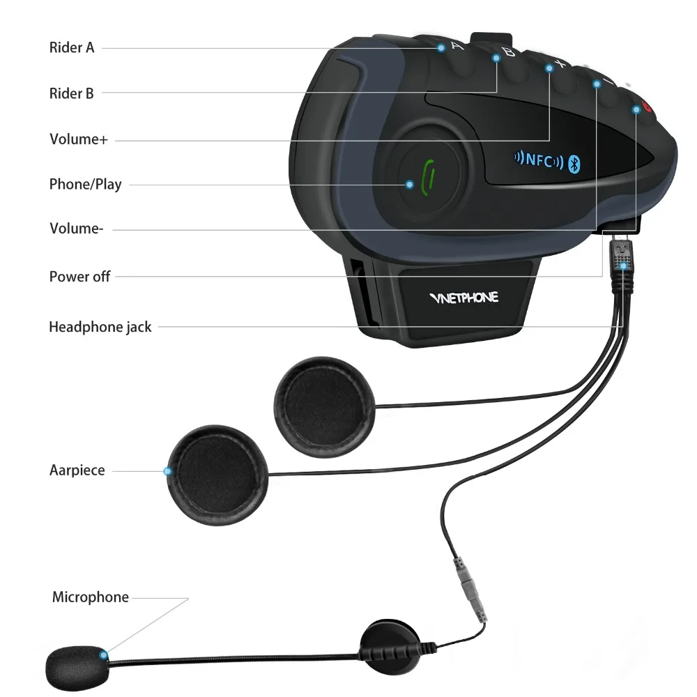 2 шт Vnetphone V8 мотоциклетная Bluetooth гарнитура для внутренней связи, шлема, Интерком NFC пульт дистанционного управления 5 Rider 1200 м полный дуплексный разговор с fm-радио
