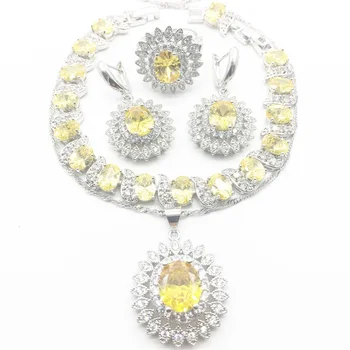 

Flower White zircon yellow Crystal Jewelry Set Silver color For Women 925 Logo Bracelets/Necklace/Earrings/Ring/Pendants
