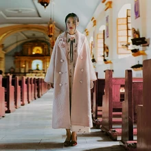 JY003 New Arrival 2016 romantic elegant women winter coat pink loose long maxi wool coat