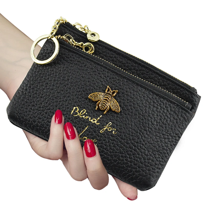 LIPSTICK CASE PURSE WALLET 2 COMPARTMENTS KEYRING MEN WOMEN BLACK COIN HOLDER