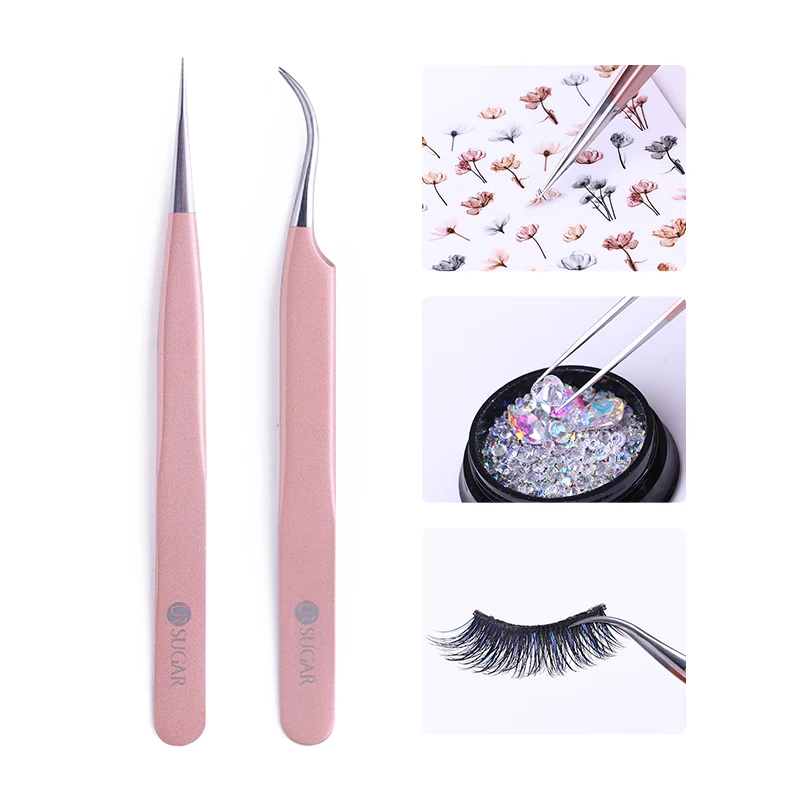 

UR SUGAR 1Pc Rose Gold Straight Curved Tweezer Nail Sticker Rhinestone Picker Manicure Nail Art Tool