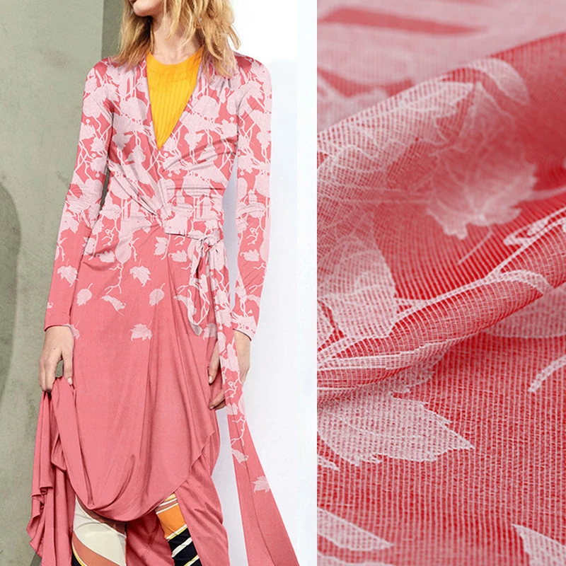 

140*100CM 46MM Heavy Leaves Jacquard Pink Red Silk Satin Fabric for Suit Jacket Dress Shirt Scarf DE674