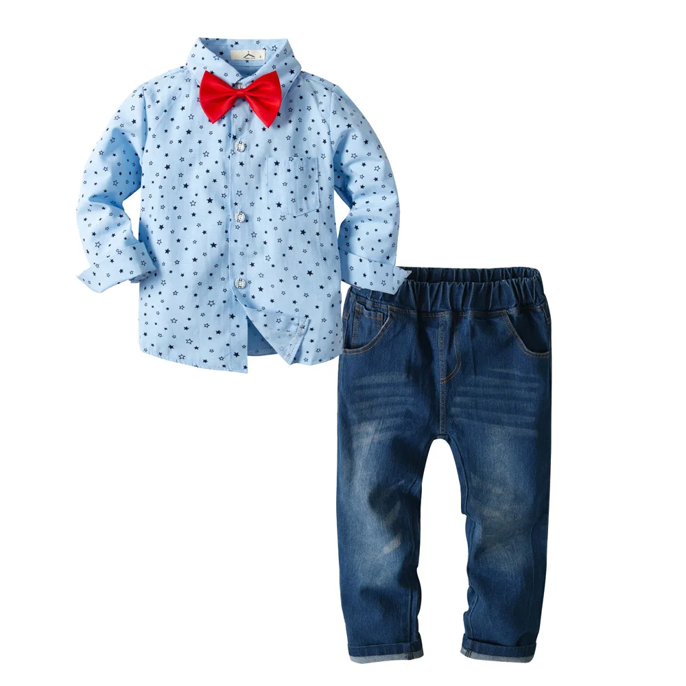 

Baby Boy Clothing Sets 2019 Gentleman Clothes Cotton Blue Shirt+Elastic Jeans 2PCS Outfits Bebes Suits 2 to 8 Years Old