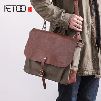 

AETOO vintage canvas handbag American castrated cowhide with canvas retro postman male crossbody Bag