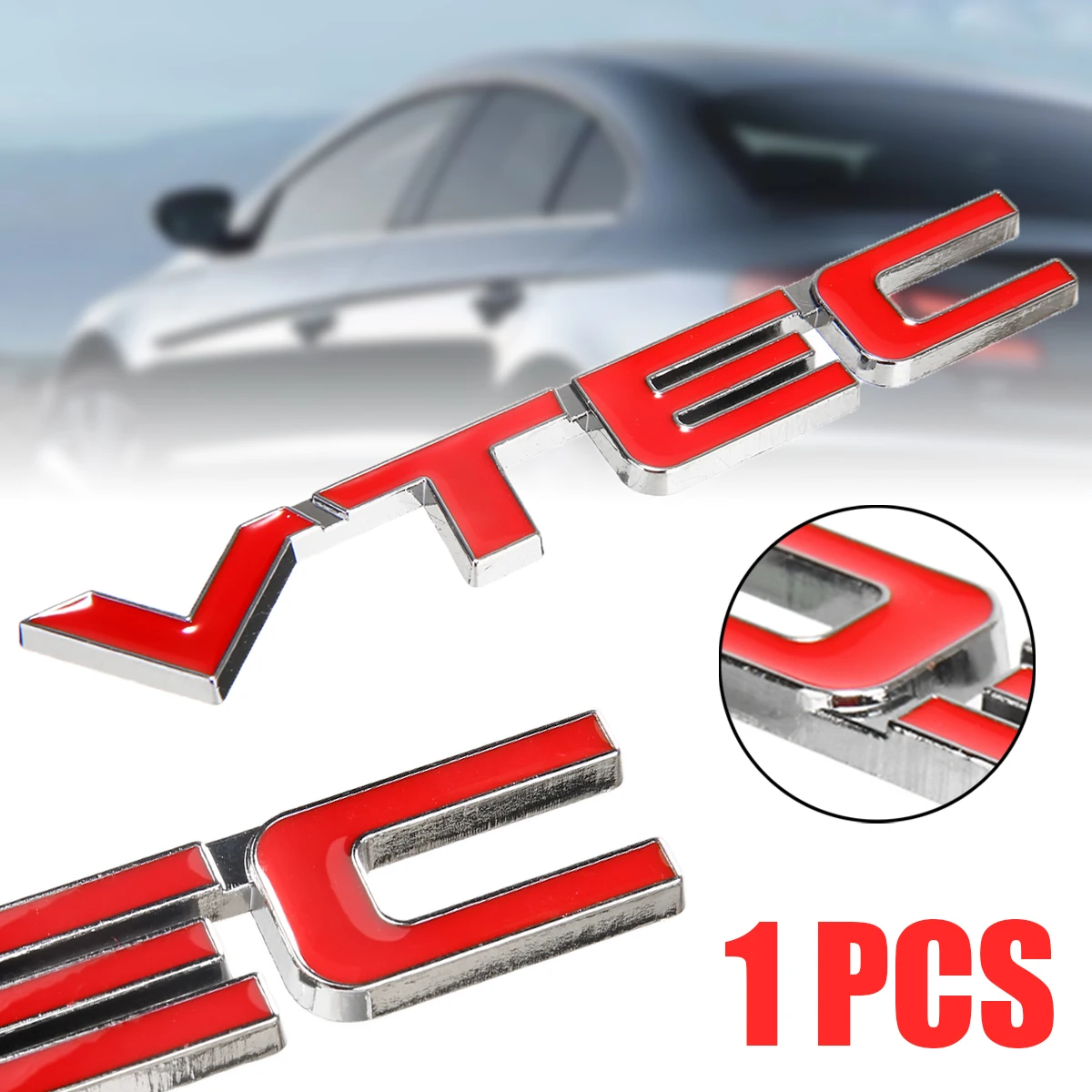 Car DIY Decoration 1pc 3D Full Metal Car Body Badge Sticker VTEC Logo Car Styling Emblem Decals for Honda Red+Silver