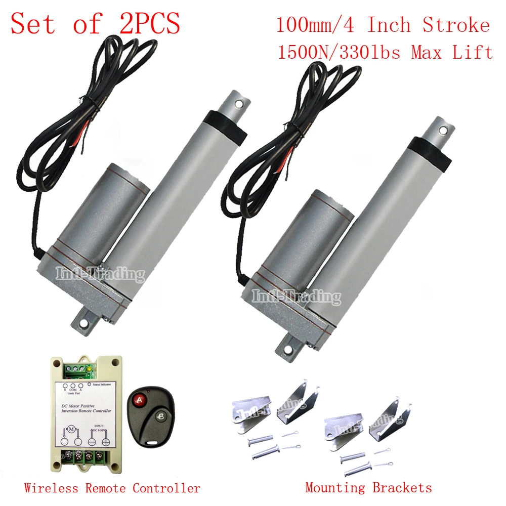

Set of 2X 100mm/4" Stroke Linear Actuator Waterproof IP65 DC Motor &Wireless Remote Controller & Brackets-1500N/330lbs Max Load