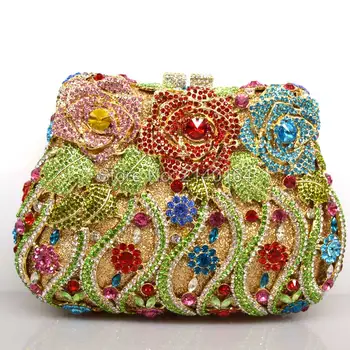 

Women's Rhinestones Party Bags Gold Flower Clutches Light Red/green/blue/gold Crystals Party Bag Hard Case Shoulder Chain Q16