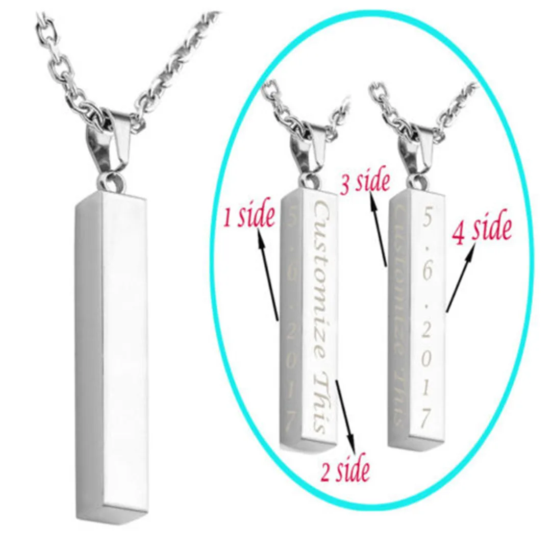 Women Engraved Name Bar Pendant Stainless Steel Necklace Vintage Charm Men Silver Link Chain Necklace Wedding Jewelry Gift