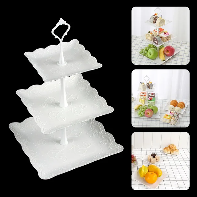 Cheap 3 Tier Plastic Cake Stand Afternoon Tea Wedding Plates Party Embossed Tableware