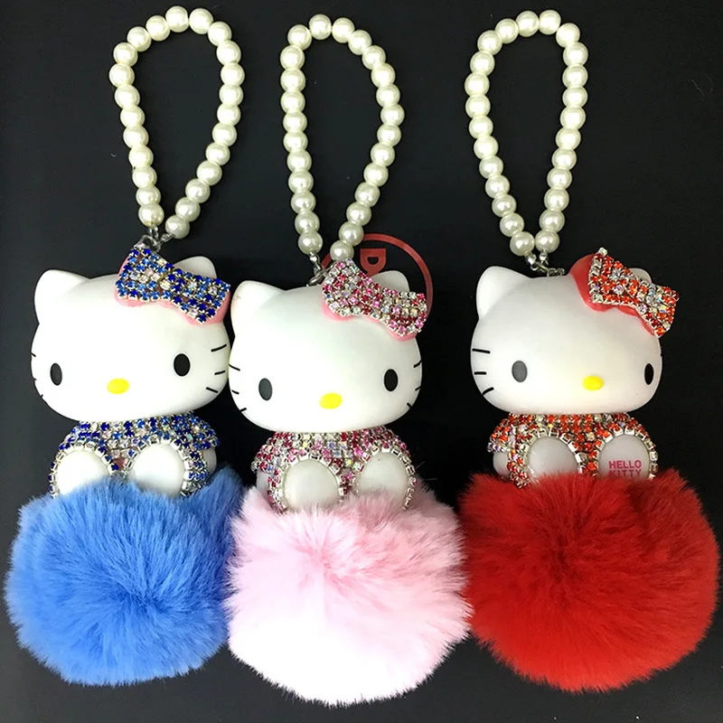 Hello Kitty Keychain Porte Clef Inlay Rhinestone Cat Pom Pom Fluffy Key