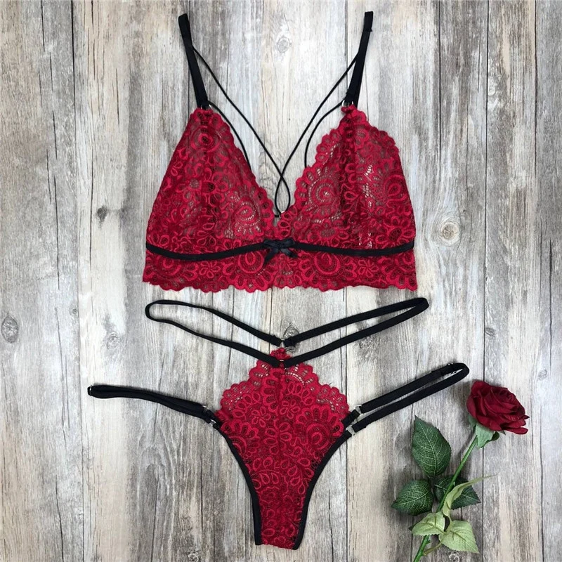 

Sexy Lace Flower Lingerie Bra Set Babydoll Underwear Push Up Bras Female Seamless Thong G String Set Pajamas Set Women