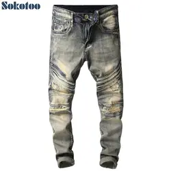 Sokotoo Для мужчин старинные лоскутное рваные узкие прямые джинсы отверстия distressed stretch джинсовые длинные штаны