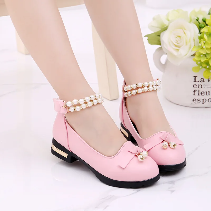 

2018 Fashion Bead Girls Shoes For Kids Children'S Leather shoes Shoeblack Pink White Prinsessen Flower School Shoes Wedges 27 37