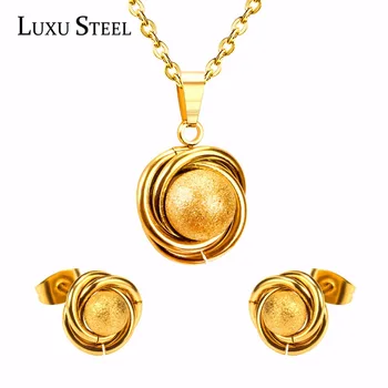 LUXUSTEEL Brinco Earrings For Women Stainless Steel gold Color Surface Ball And Twisted With Free Chain Pendants Necklace
