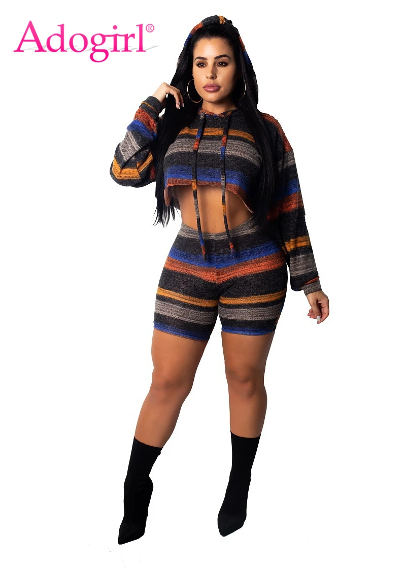 

Adogirl Colorful Stripe Women Casual Two Piece Set Tracksuit Long Sleeve Hooded Sweatshirts Crop Top + Shorts Sexy Suit Outfits