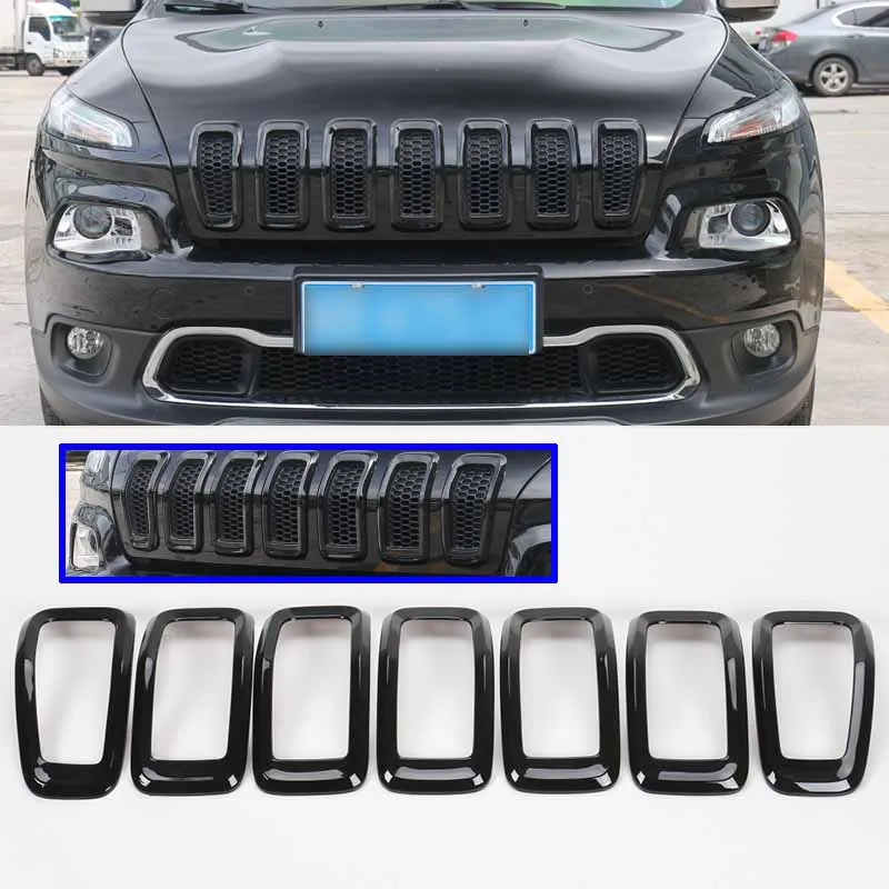 

7PCS Black ABS Plastic Front Center Grille Insert Cover Trim Frame for Jeep Cherokee 2014 2015 2016 Car Exterior Accessories